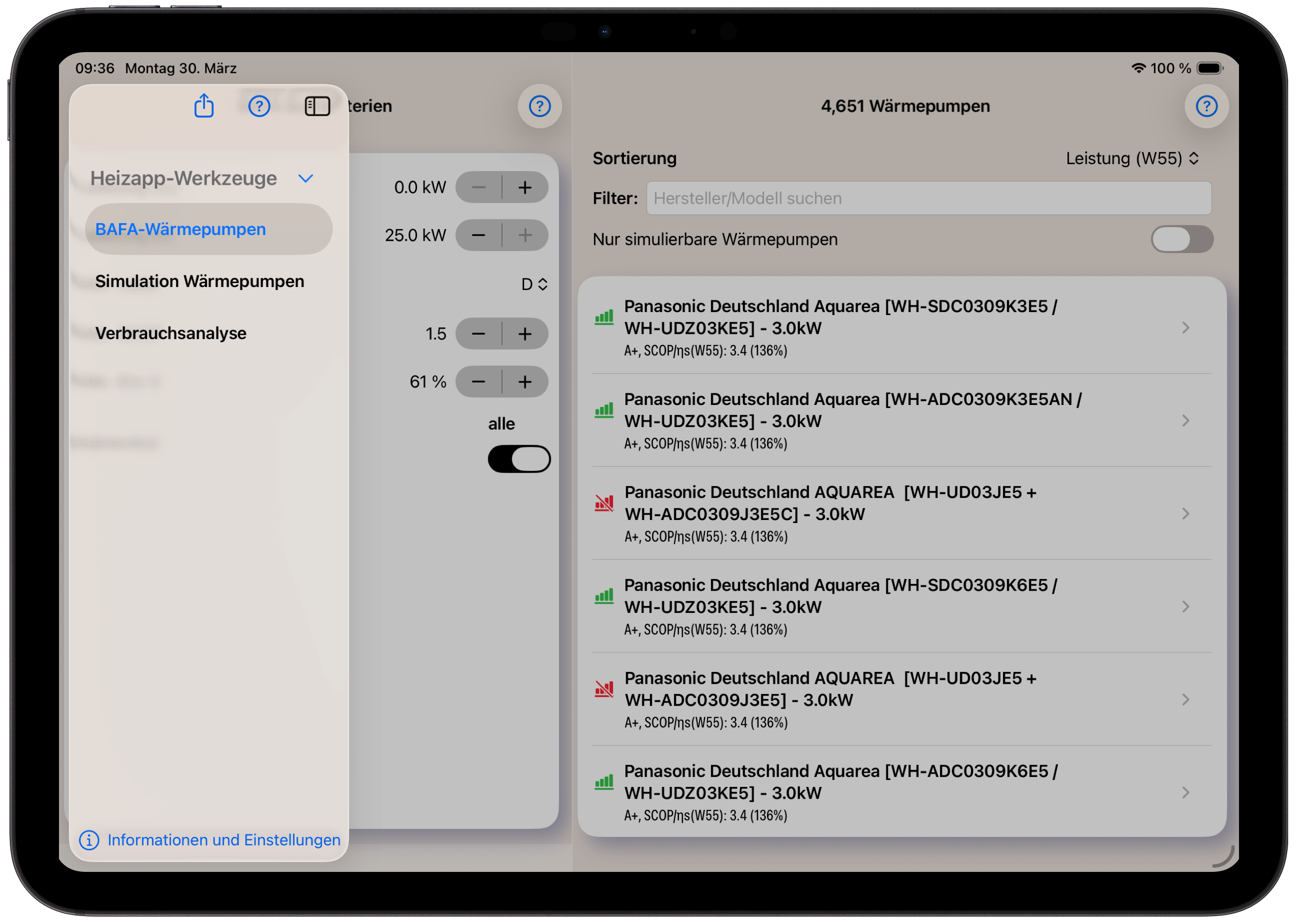 Heizapp auf iPad – Dreispaltige Ansicht mit BAFA-Datenbank, Simulation und Ergebnissen