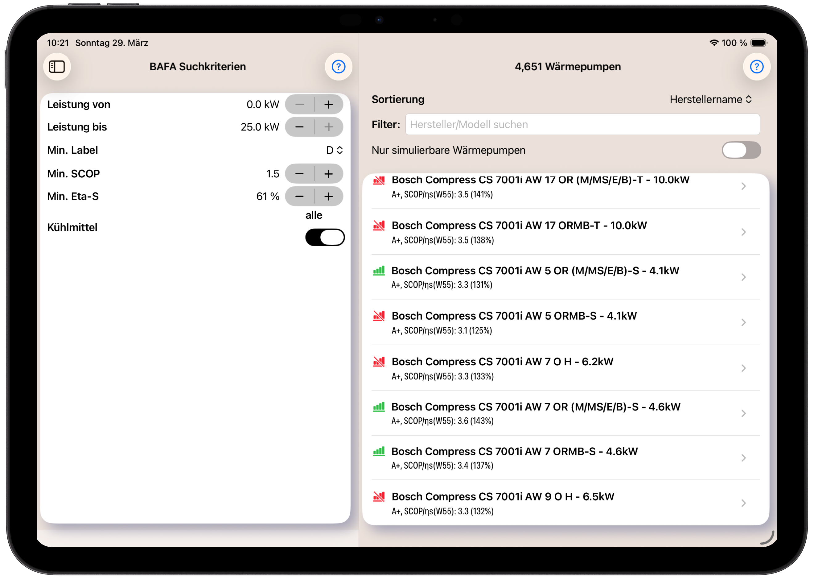 BAFA Förder-Portal – Suchkriterien und Ergebnisliste mit über 4600 Wärmepumpen