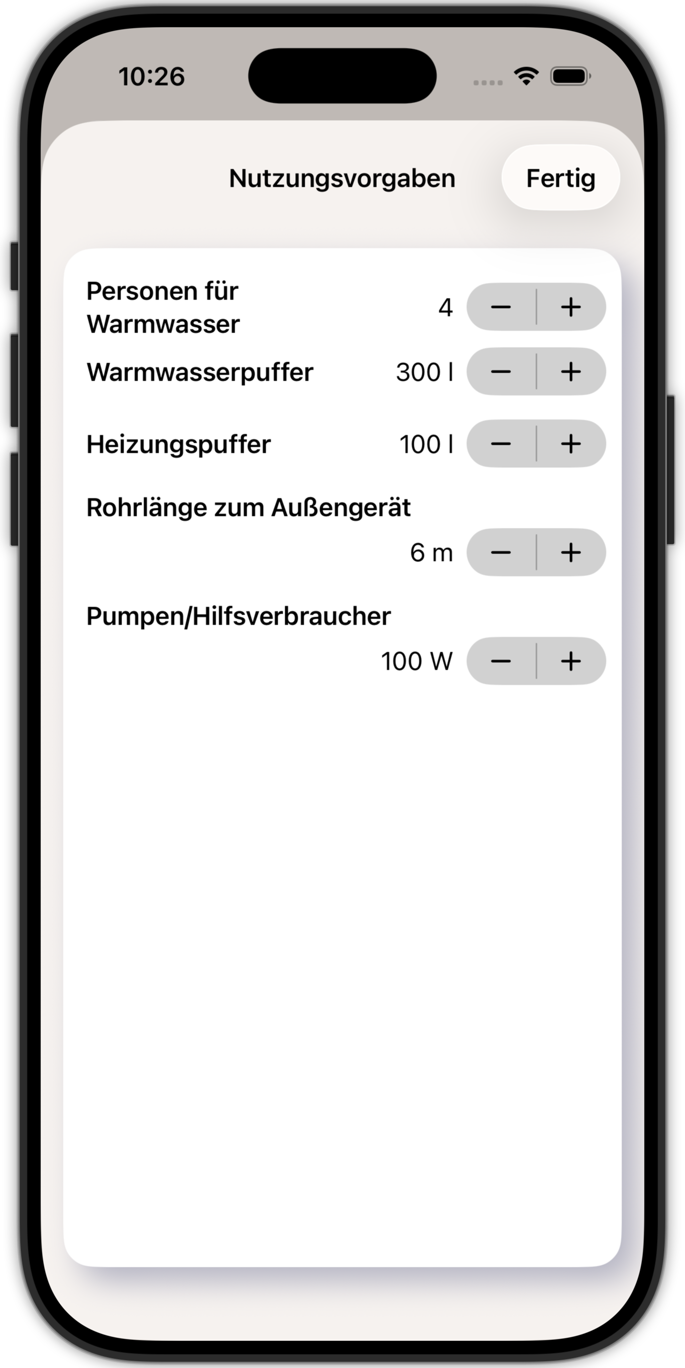 Heizapp Nutzungsvorgaben auf iPhone – Heizlast, Vorlauftemperatur, EN 14825-Effizienz, Kältemittel und Brauchwassererzeugung