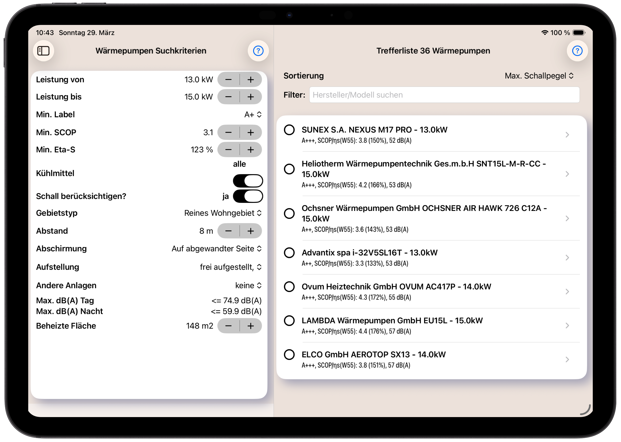 Schallgrenzwert-Filter – Ampeldarstellung mit Abstands- und dB-Angaben je Wärmepumpe
