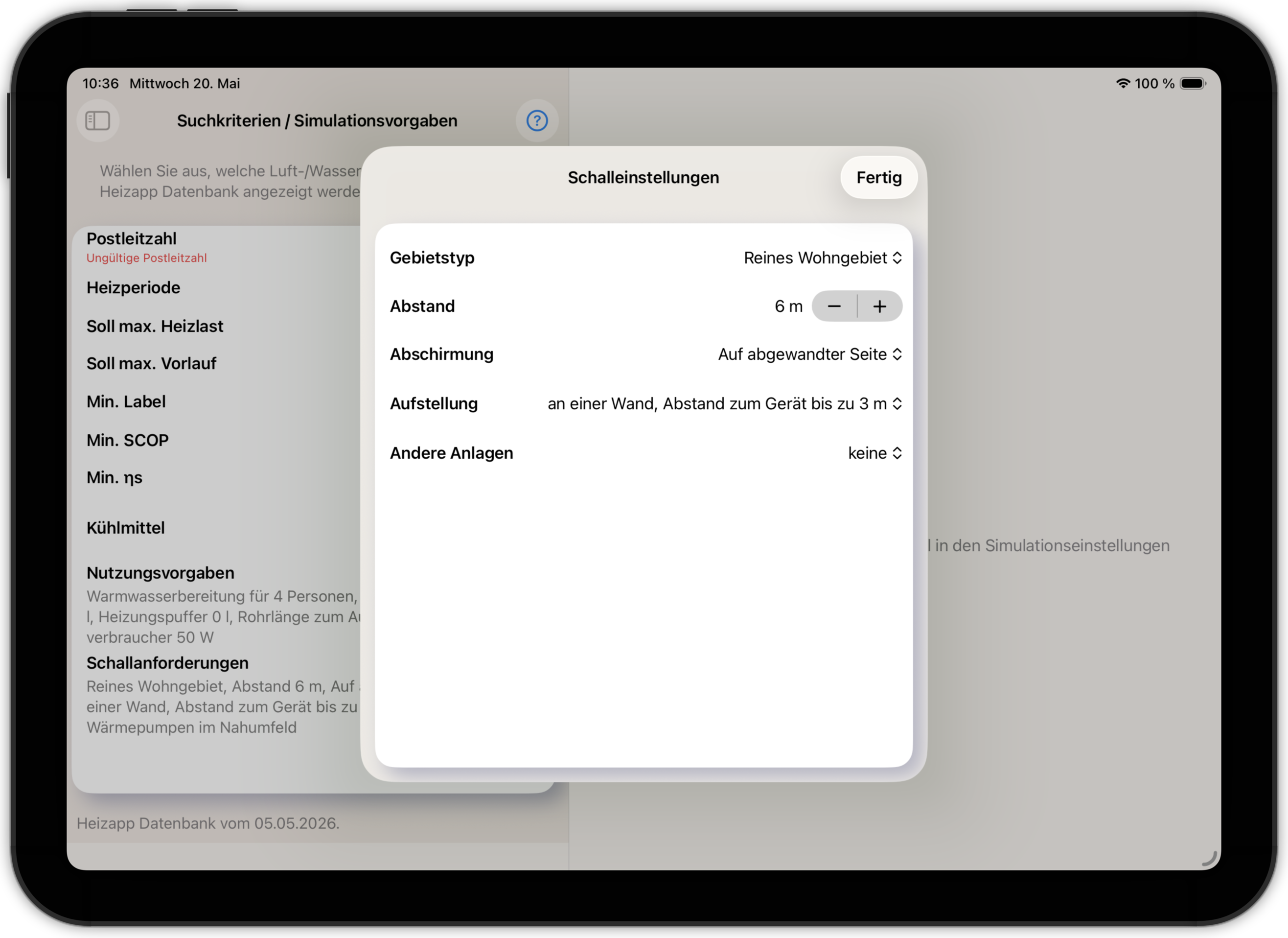 Heizapp Schallvorgaben auf iPad – Aufstellbedingungen, Gebietstyp und Schallgrenzwerte nach TA Lärm